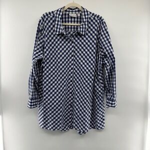 Joan Rivers 2X Blue White Gingham Check Cotton Button‎ Down Tunic Shirt Blouse